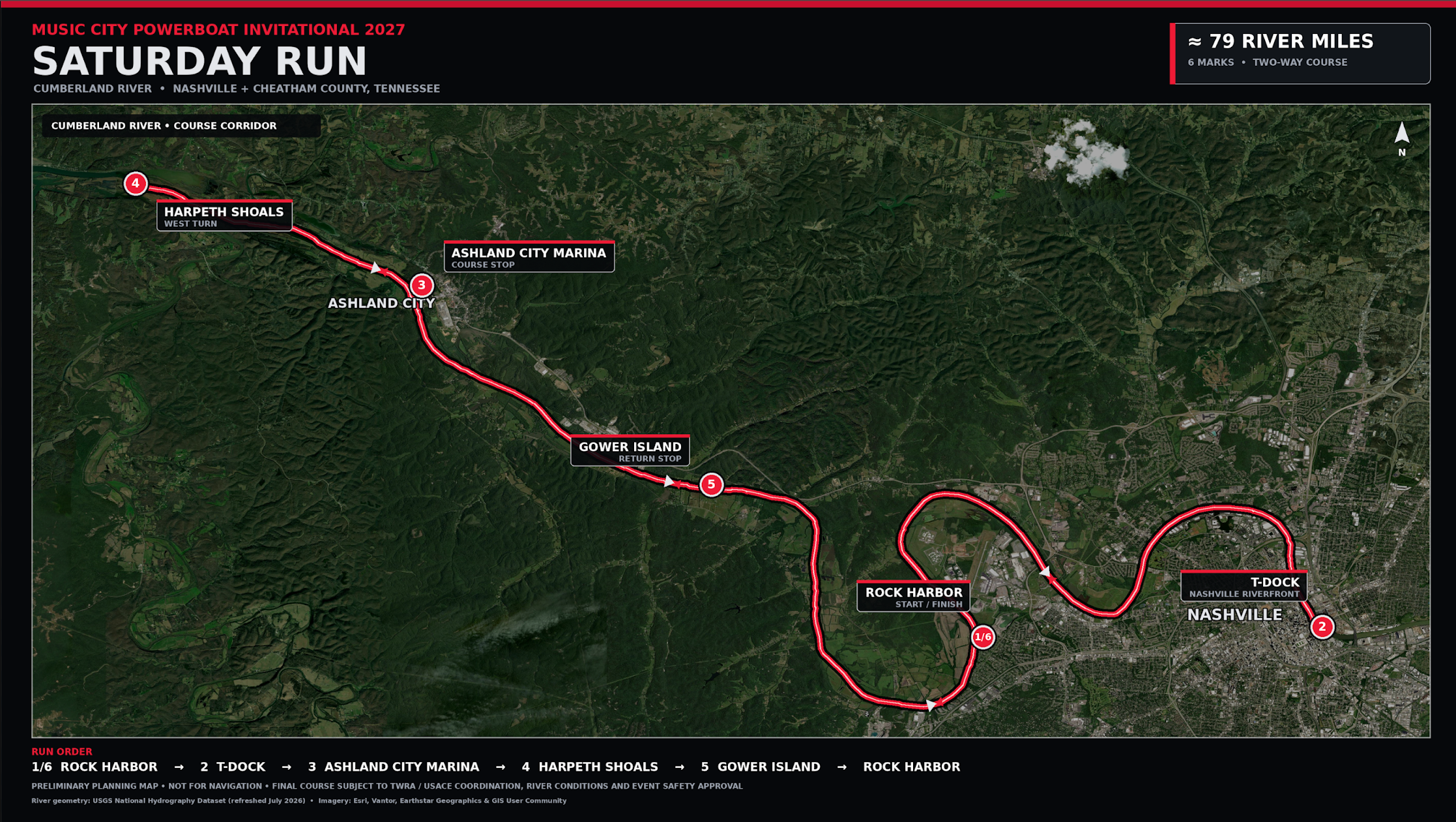 Preliminary Saturday route map on the Cumberland River from Rock Harbor through Nashville and Cheatham County